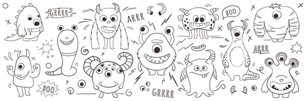 Vector Set Illustration Monsters Doodle Style Coloring Page Graphic Illustration — Stock Vector