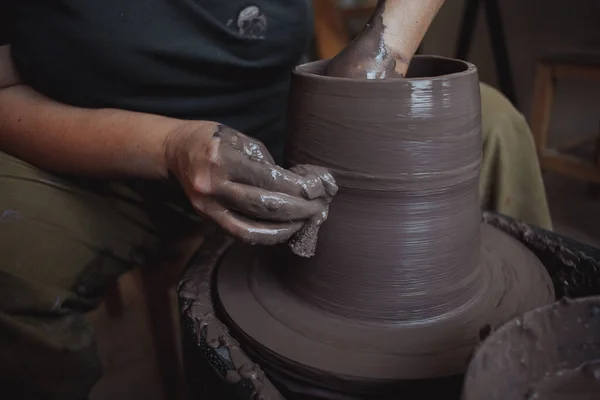 Middle Aged Size Woman Creates Clay Vase Potter Wheel Pottery — Photo