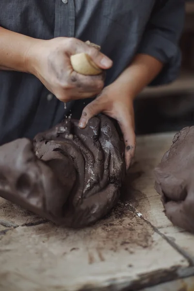 Middle Aged Size Woman Kneading Clay Pottery Workshop —  Fotos de Stock