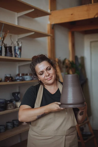 Middle Aged Size Woman Pottery Apron Creates Clay Vase Potter —  Fotos de Stock
