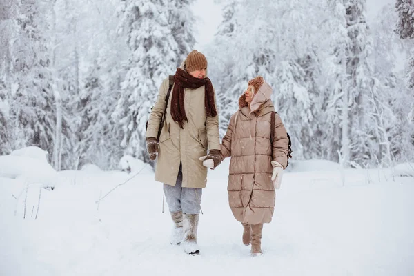 Couple amoureux se promène dans la forêt d'hiver — Photo