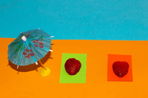 two strawberries on the beach sunbathing creative summer concept