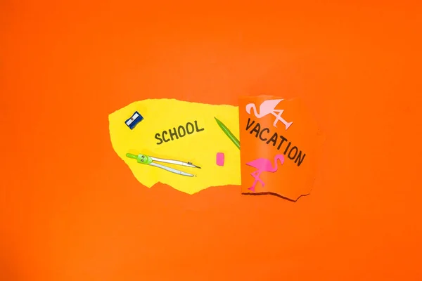 the end of the vacation and back to school, creative art design, the vacations page is torn apart and a new chapter full of school accessories opens, trendy colors