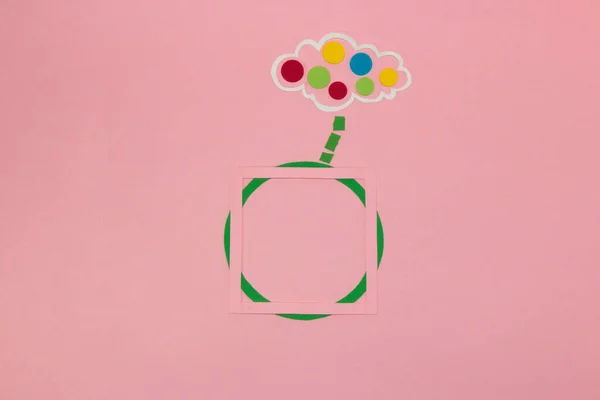 green circle with pink frame as copy space, cloud with colorful dots above, dot day, intelligence, creative art mdoerni design, minimal concept