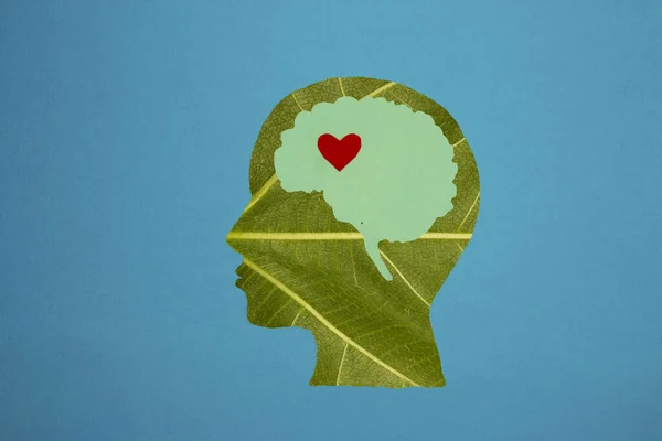 a head made of a leaf on a brain in which there is a heart, a heart and love for nature, let\'s save nature