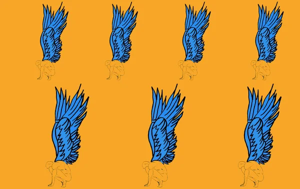 fallen angel copied all over orange background, orange body and blue wings, creative art design with complementary colors