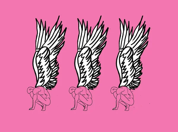 3 fallen angels on pink background with pink body and white wings, hand drawn art, creative idea, art angel