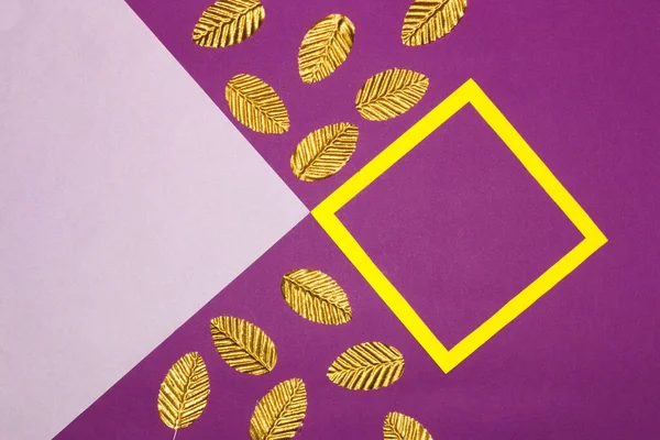 yellow frame as copy space on a purple background, a light purple wave comes out of the frame, golden leaves around the frame, creative art design