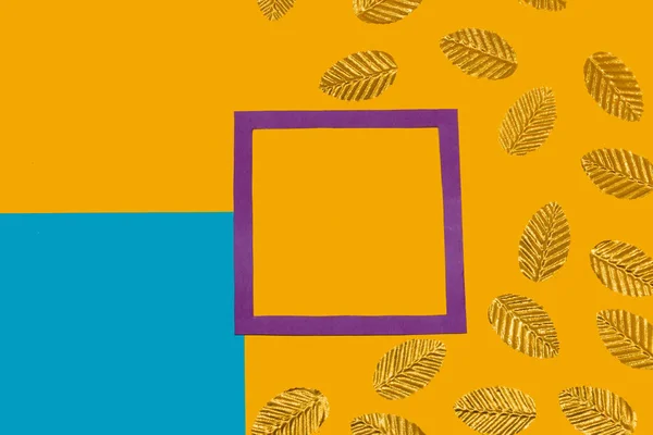 purple frame on yellow blue background with golden leaves around, creative art modern design