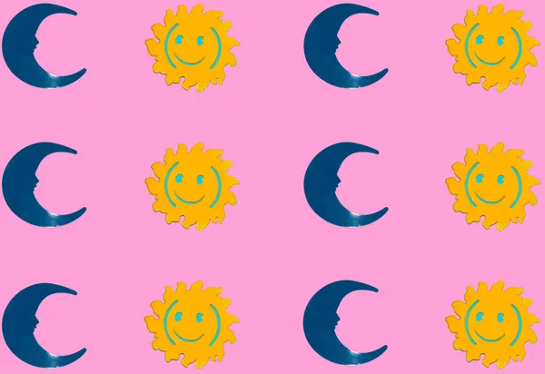 sun and moon copied on pink background, creative art pattern