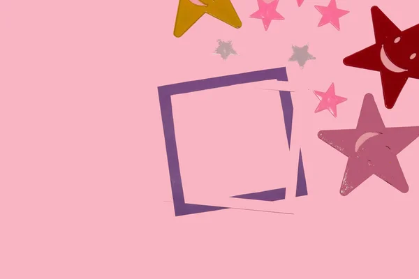 pink-purple frame as copy space on a pink background, colorful stars in the corner, creative modern design
