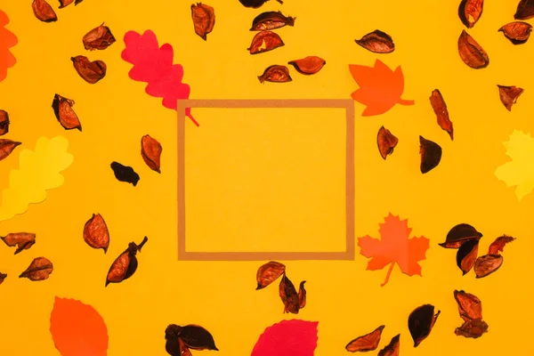 yellow autumn background with frame as copy space, around frame autumn leaves and decorative potpourri husks, art design