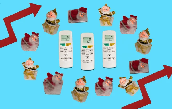 global energy crisis, limiting the temperature to 19 degrees Celsius, around the remote where it says 19C are frozen Santa Clauses, they froze before winter due to restrictions