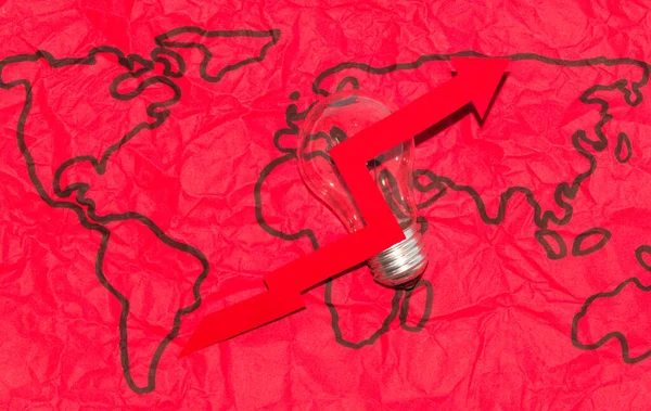 world energy crisis, red world map with light bulb and red arrow, crisis