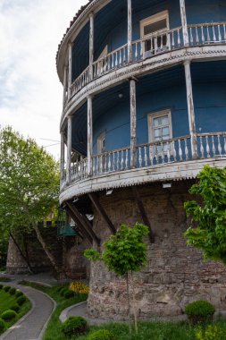 A beautiful historic wooden balcony in the center of Tbilisi. Georgia country.