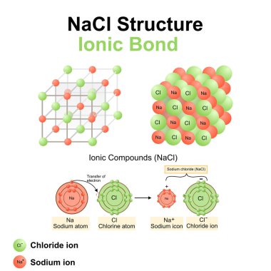 Structure of sodium chloride (salt).NaCl model.Vector illustration.Chemistry model of salt molecule.Ionic compounds,Ionic bond, education and symbols. clipart