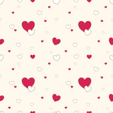 Krem rengi arka planda kırmızı ve beyaz kalbin şirin kusursuz deseni. Sevgililer günü konsepti vektör çizimi. Doku, kumaş, giysi, ambalaj, dekorasyon, kart, kartpostal, baskı için tasarım. Çizgi film el çizimi..