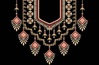 Güzel bir kabile geometrik yaka dantelli doğu deseni. Siyah arka plan üzerinde geleneksel. Soyut vektör çizimi. Doku, kumaş ve moda kadınları için tasarım..