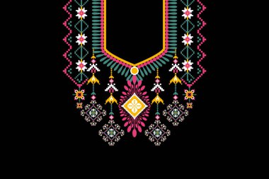 Güzel bir kabile geometrik yaka dantelli doğu deseni. Siyah arka plan üzerinde geleneksel. Soyut vektör çizimi. Doku, kumaş ve moda kadınları için tasarım..