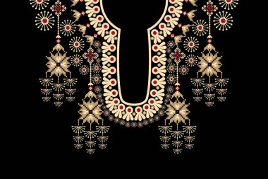 Güzel bir kabile geometrik yaka dantelli doğu deseni. Siyah arka plan üzerinde geleneksel. Soyut vektör çizimi. Doku, kumaş ve moda kadınları için tasarım..