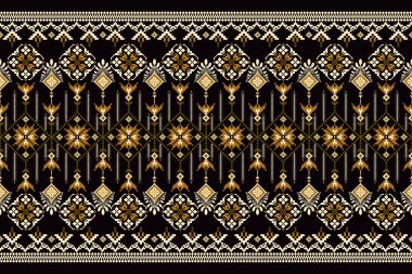 Siyah arkaplanda geleneksel geleneksel kabile geometrik oryantal deseni. Turuncu ton. broidery stili soyut vektör çizimi. Doku, kumaş, giysi, ambalaj için tasarım.