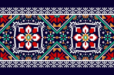 Güzel figür kabile örgü deseni geleneksel mavi zemin üzerinde. Soyut işlemeli vektör illüstrasyonu. Doku, kumaş, giysi, ambalaj, baskı, halı için tasarım..