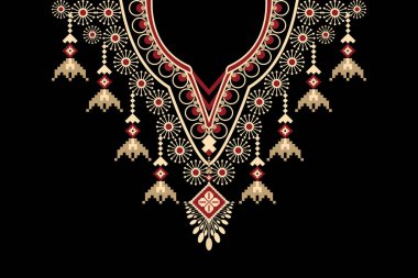 Siyah arkaplanda çiçek geometrik kolye deseni. Geleneksel yaka Aztek tarzı vektör deseni deseni. Doku, kumaş, moda kadınları için tasarım, duvar kağıdı, giysi, ambalaj izi..