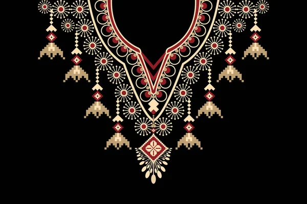 Blommigt Geometriskt Etniskt Halsband Mönster Svart Bakgrund Traditionell Krage Aztec — Stock vektor