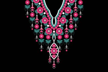 Siyah arkaplanda çiçek geometrik kolye deseni. Geleneksel yaka Aztek tarzı vektör deseni deseni. Doku, kumaş, moda kadınları için tasarım, duvar kağıdı, giysi, ambalaj izi..