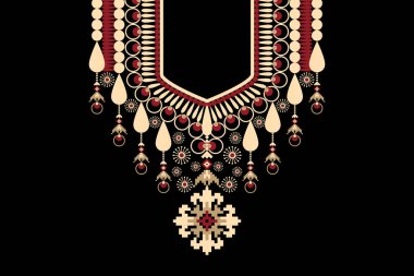 Siyah arkaplanda çiçek geometrik kolye deseni. Geleneksel yaka Aztek tarzı vektör deseni deseni. Doku, kumaş, moda kadınları için tasarım, duvar kağıdı, giysi, ambalaj izi..