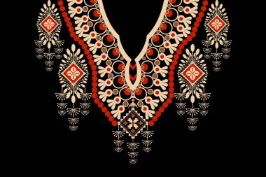 Siyah arkaplanda çiçek geometrik kolye deseni. Geleneksel yaka Aztek tarzı vektör deseni deseni. Doku, kumaş, moda kadınları için tasarım, duvar kağıdı, giysi, ambalaj izi..