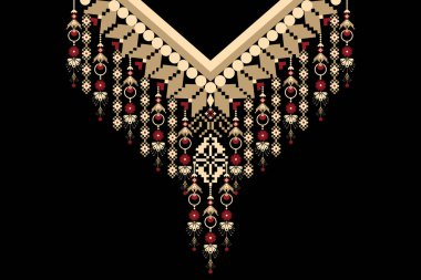 Siyah arkaplanda çiçek geometrik kolye deseni. Geleneksel yaka Aztek tarzı vektör deseni deseni. Doku, kumaş, moda kadınları için tasarım, duvar kağıdı, giysi, ambalaj izi..