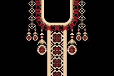 Güzel bir kabile geometrik yaka dantelli doğu deseni. Siyah arka plan üzerinde geleneksel. Soyut vektör çizimi. Doku, kumaş ve moda kadınları için tasarım..