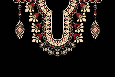 Güzel bir kabile geometrik yaka dantelli doğu deseni. Siyah arka plan üzerinde geleneksel. Soyut vektör çizimi. Doku, kumaş ve moda kadınları için tasarım..