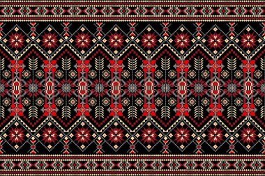 Güzel bir kabile figürü Ukrayna geometrik etnik doğulu geleneksel siyah arka plan. Kırmızı, gri, krem rengi nakış. Doku, kumaş, giysi, ambalaj, halı izi için tasarım.