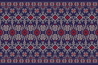 Mavi arka planda geleneksel Ukrayna kabile geometrik deseni. Kırmızı, krem, gri tonda nakış. Doku, kumaş, giysi, ambalaj, baskı için tasarım.