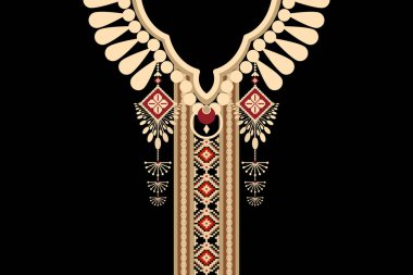 Güzel bir kabile geometrik yaka dantelli doğu deseni. Siyah arka plan üzerinde geleneksel. Soyut vektör çizimi. Doku, kumaş ve moda kadınları için tasarım..