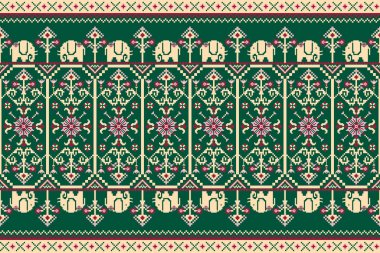 Güzel bir kabile figürü Ukrayna geometrik etnik oryantal desen geleneksel yeşil zemin üzerinde nakış stili soyut vektör çizimi. Doku, kumaş, giysi, ambalaj için tasarım.