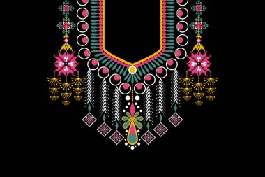 Güzel bir kabile kolyesi geometrik etnik oryantal desen geleneksel olarak siyah zemin üzerinde. Aztec stili nakış soyut vektör ilüstrasyonu. Doku, kumaş ve moda kadınları için tasarım.