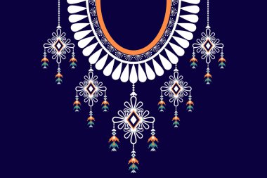 Güzel Hint kabilesinin çiçek desenli kolyesi geleneksel mavi arka planda. Aztec tarzı işlemeli soyut vektör çizimi. Doku, kumaş, giysi ve moda kadınları için tasarım..