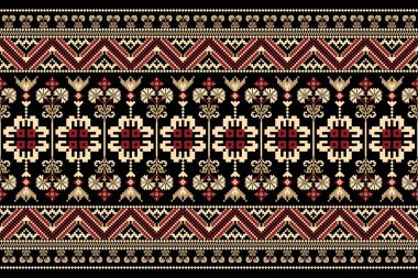 Güzel Hint kabilesi geometrik etnik deseni geleneksel olarak siyah zemin üzerinde. Aztec tarzı soyut vektör çizimi. Doku, kumaş, giysi, ambalaj, baskı için tasarım..