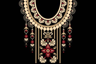 Güzel bir kabile geometrik etnik kolye deseni geleneksel olarak siyah zemin üzerinde. Aztec stili nakış soyut vektör çizimi. Doku, kumaş ve moda kadınları için tasarım.