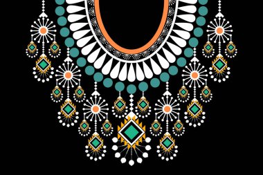Güzel bir kabile geometrik etnik kolye deseni geleneksel olarak siyah zemin üzerinde. Aztec stili nakış soyut vektör çizimi. Doku, kumaş ve moda kadınları için tasarım.