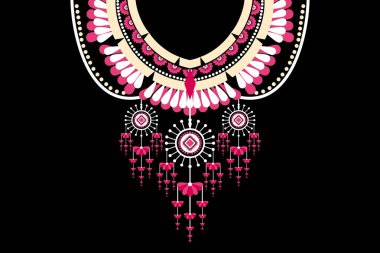 Güzel Hint kabilesi geometrik kolye deseni geleneksel olarak siyah zemin üzerinde. Aztec tarzı nakış, soyut vektör çizimi. Doku, kumaş ve moda kadınları için tasarım..