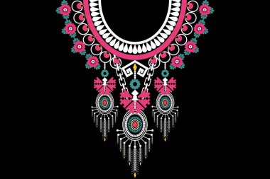 Güzel figür kabile kolyesi çiçek deseni geleneksel siyah arkaplan işlemeli soyut vektör çizimi. Doku, kumaş, giysi, ambalaj, moda kadınları için tasarım..