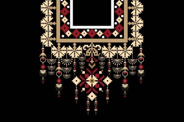 Siyah zemin üzerinde geleneksel geleneksel kabile figürlü kabile kolyesi çiçek desenli etnik desen. Soyut vektör çizimi. Doku, kumaş ve moda kadınları için tasarım..