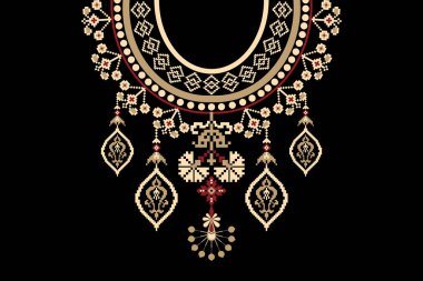 Siyah zemin üzerinde geleneksel geleneksel kabile figürlü kabile kolyesi çiçek desenli etnik desen. Soyut vektör çizimi. Doku, kumaş ve moda kadınları için tasarım..