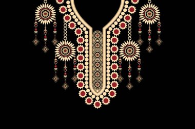 Siyah zemin üzerinde geleneksel geleneksel kabile figürlü kabile kolyesi çiçek desenli etnik desen. Soyut vektör çizimi. Doku, kumaş ve moda kadınları için tasarım..