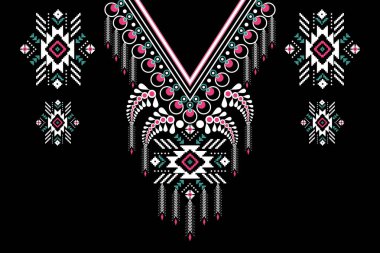 Siyah arkaplanda geleneksel Afrika kabilesinin çiçek desenli kolye deseni. Soyut vektör desenli nakış. Doku, kumaş, giysi ve moda kadınları için tasarım..