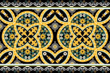 Güzel bir kabile figürü olan Fas geometrik etnik oryantal desen geleneksel olarak siyah arkaplan üzerine işlenir. Doku, kumaş, giysi, ambalaj, baskı için dizayn.